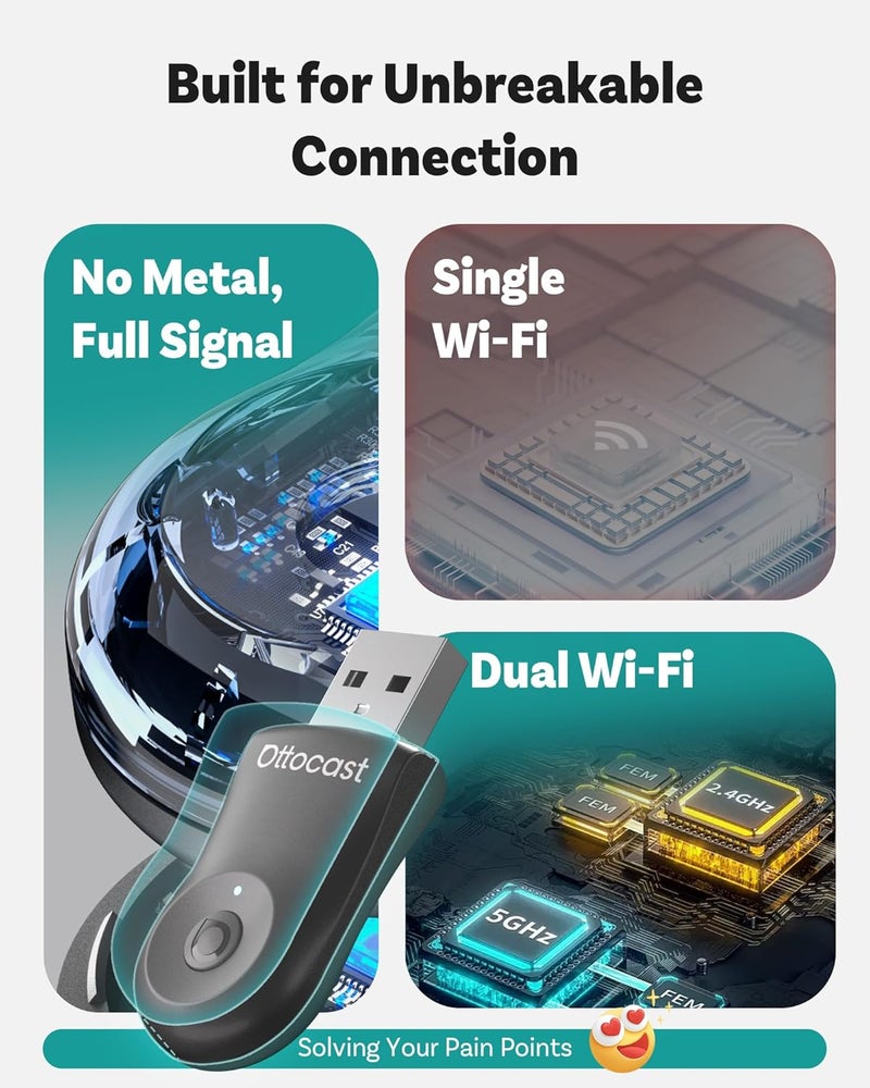 Ottocast Mini 2025 2-in-1 Wireless CarPlay/Android Auto Adapter, 5GHz WiFi, Auto Connect for 2016+ Cars - Image 4